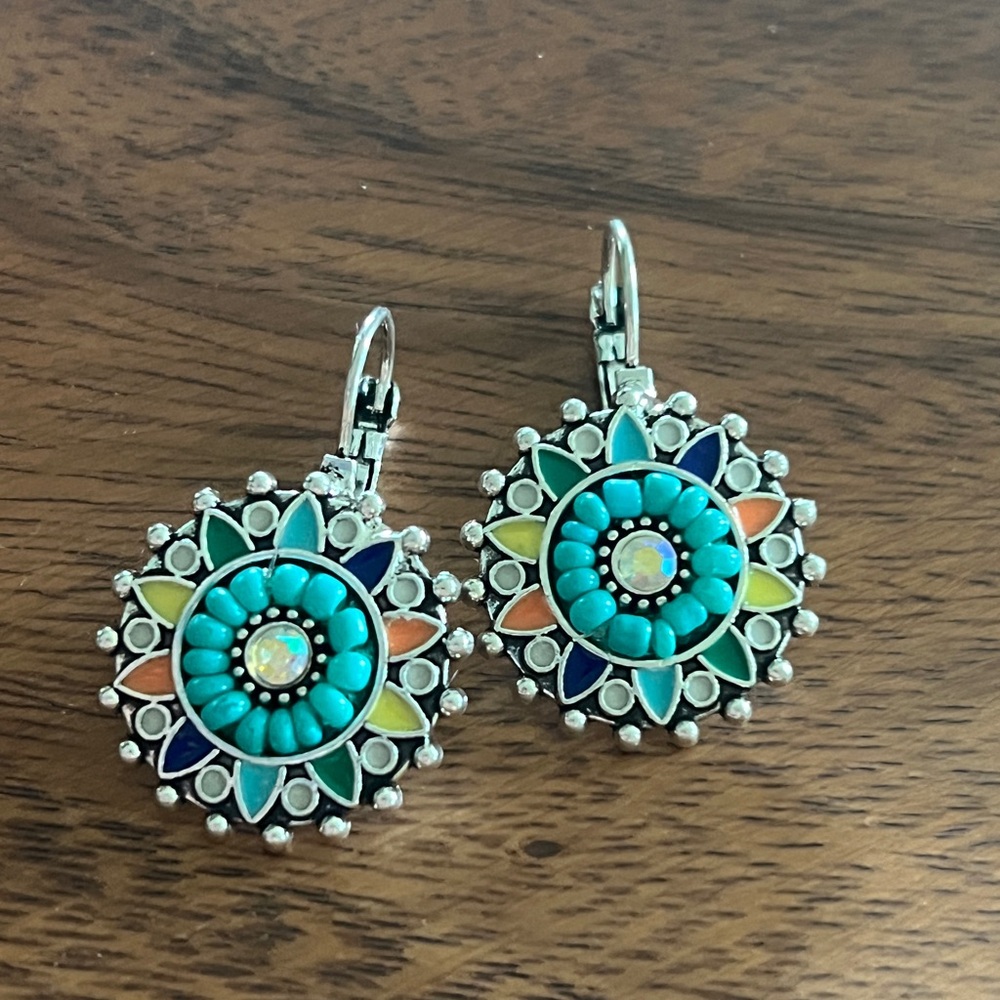 Blue Floral Starburst Boho Multi Color Lever Back Drop Earrings 1” - Picture 2 of 5